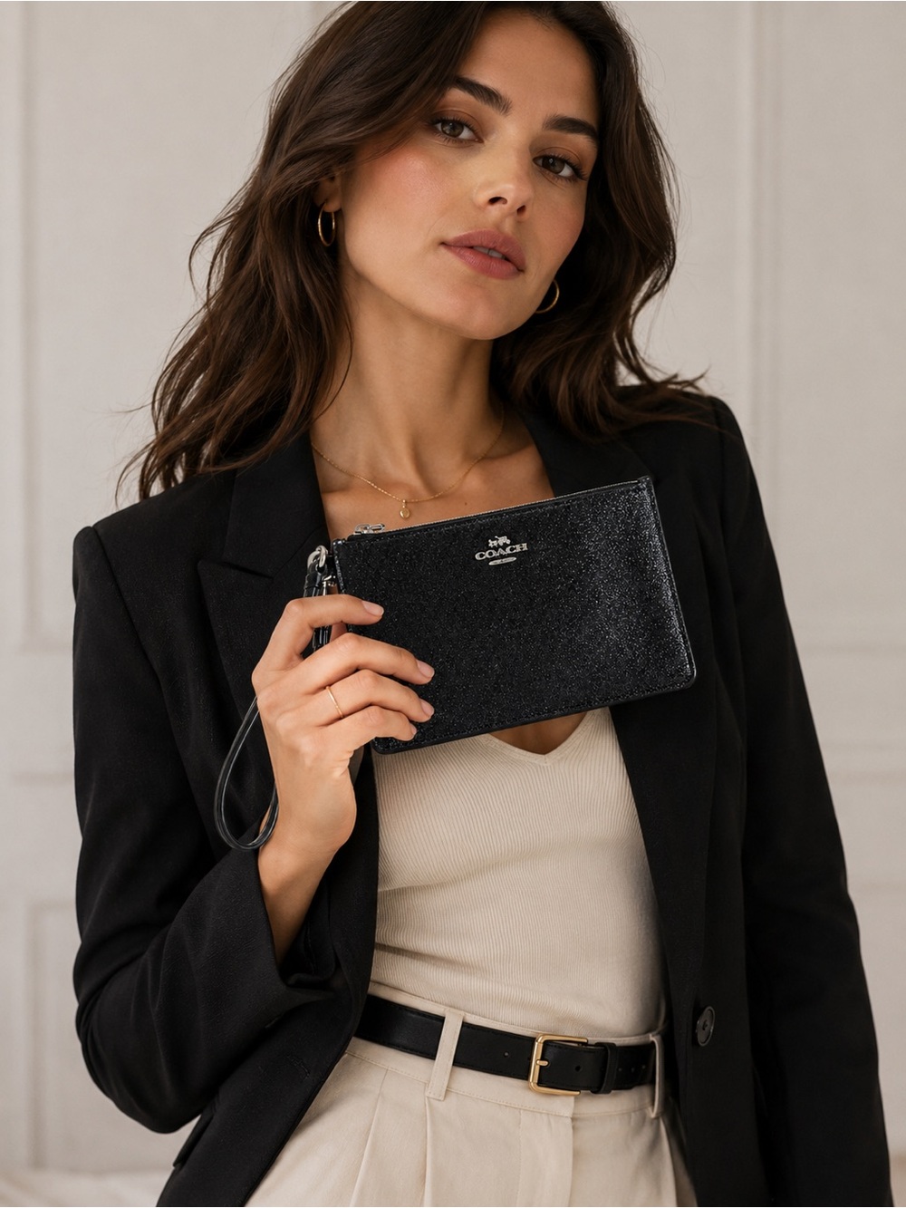 Coach Glitter Wristlet Pouch – Black Sparkle Leather Wristlet